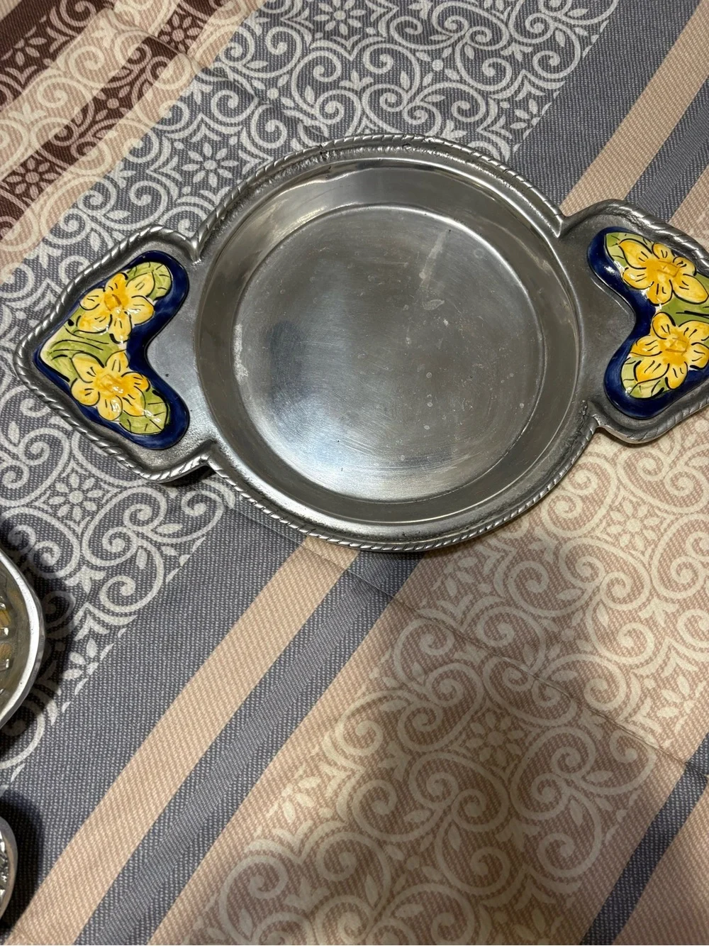 Pewter Serving Trays with Blue and Yellow Enamel Handles